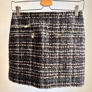 Zara Tweed Mini Skirt (Blue/Black) Plaid Size XS, Pockets w/ Zippers, Wool-blend